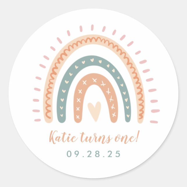 Chic Boho Rainbow Pastel First Birthday Classic Round Sticker (Front)