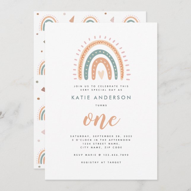 Chic Boho Rainbow Pastel First Birthday Invitation (Front/Back)