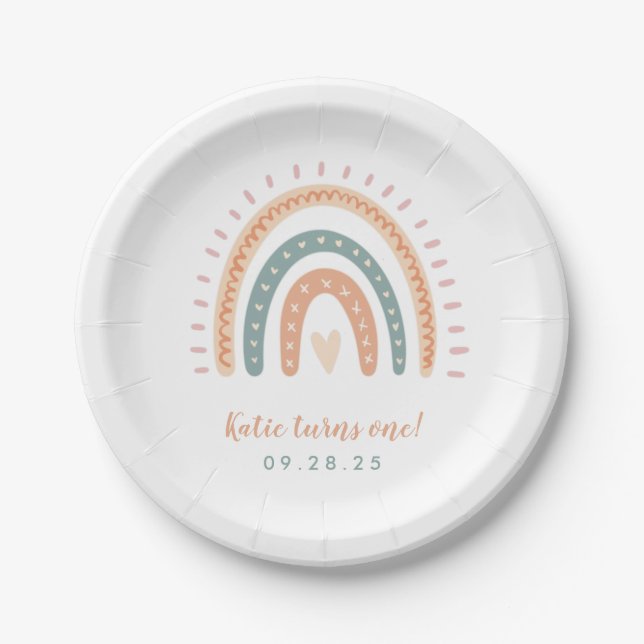 Chic Boho Rainbow Pastel First Birthday Paper Plates (Front)