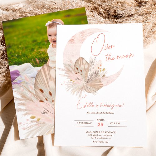 Chic boho rustic pampas floral moon 1st birthday invitation