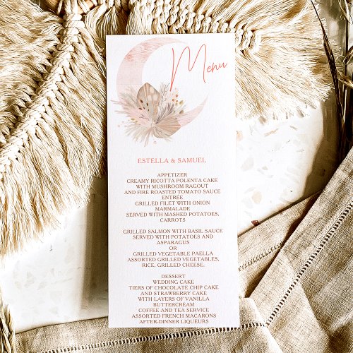 Chic boho rustic pampas floral moon wedding menu