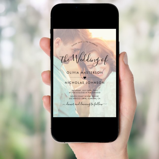 Chic Boho Script Photo Overlay QR Code Wedding Invitation (Front Digital)