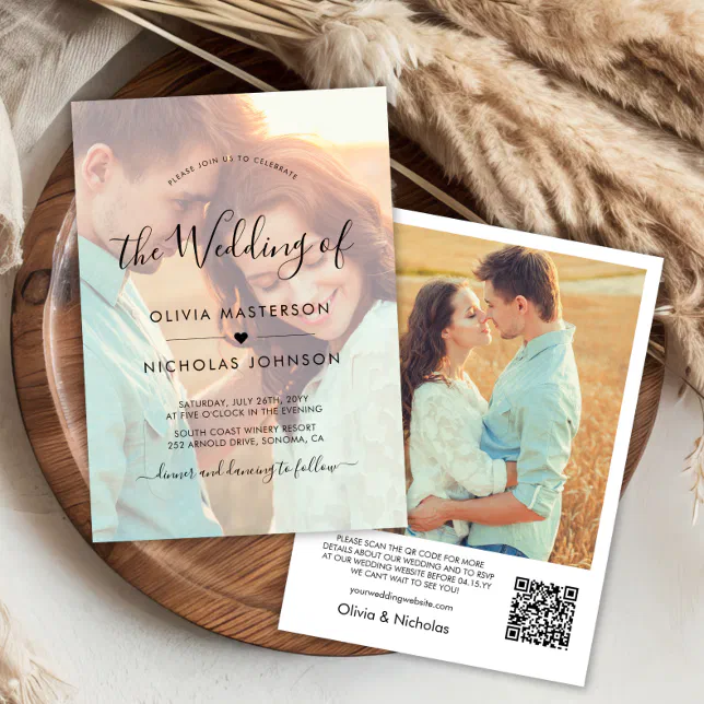 Chic Boho Script Photo Overlay QR Code Wedding Invitation | Zazzle