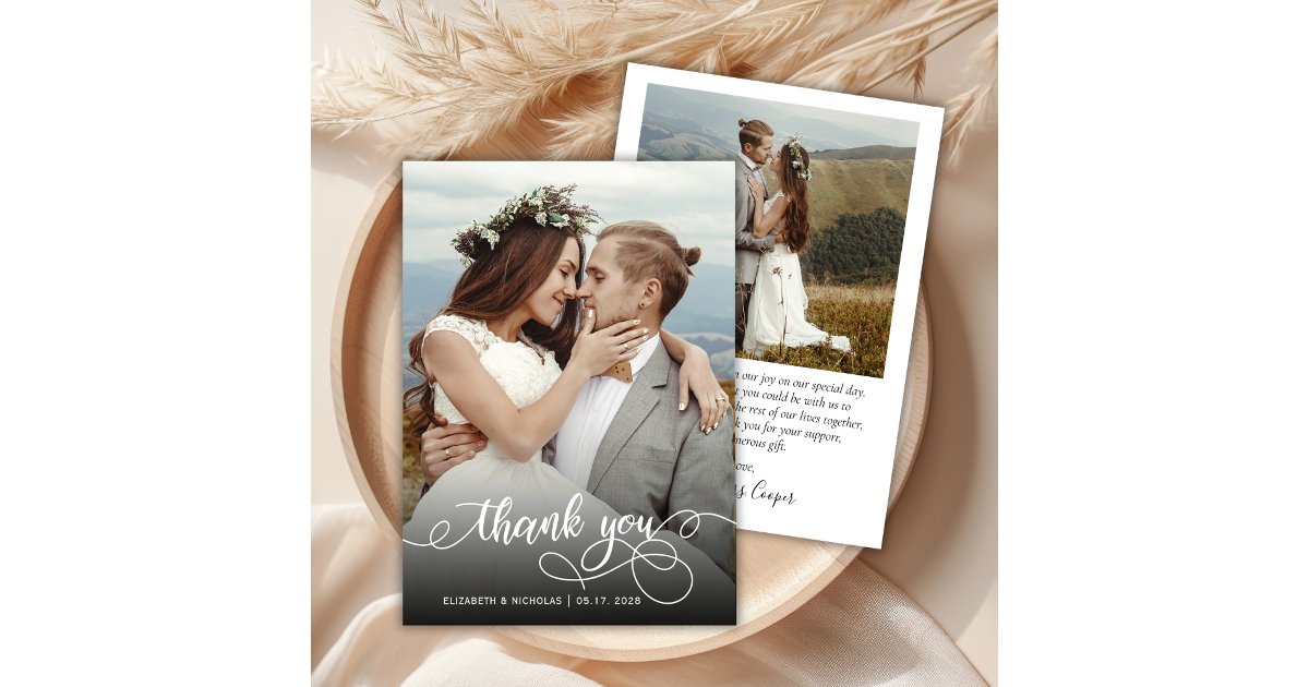 Chic Boho Script Photo Wedding Thank You Card | Zazzle