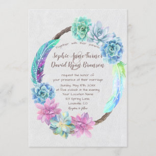 Chic Boho Succulent Cactus Feathers Wreath Wedding Invitation