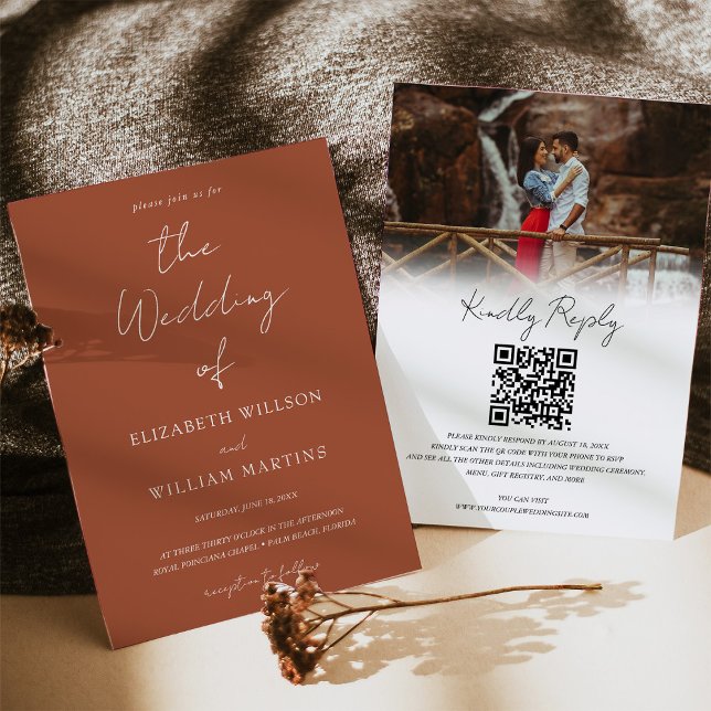 Chic Boho Terracota QR Code RSVP Photo Wedding Invitation (Creator Uploaded)