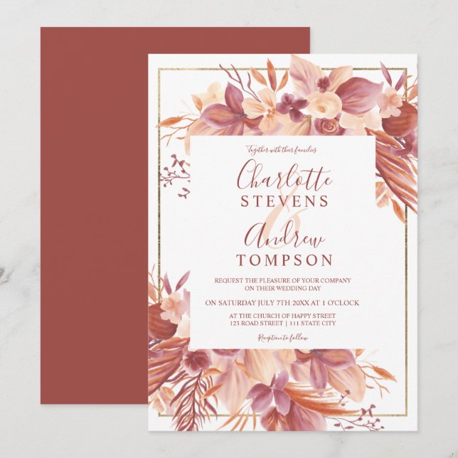 Chic boho terracotta floral watercolor wedding invitation (Front/Back)