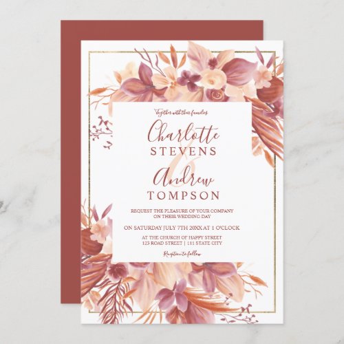 Chic boho terracotta floral watercolor wedding invitation