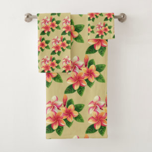 Chic Boho Tropical Pink Flowers on Beige Bath Towel Set