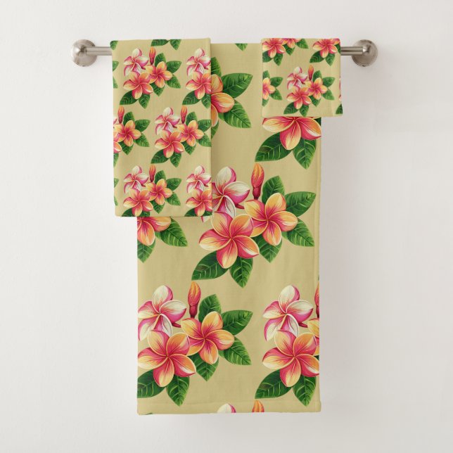 Chic Boho Tropical Pink Flowers on Beige Bath Towel Set (Insitu)