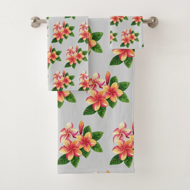 Chic Boho Tropical Pink Flowers on Gray Bath Towel Set (Insitu)