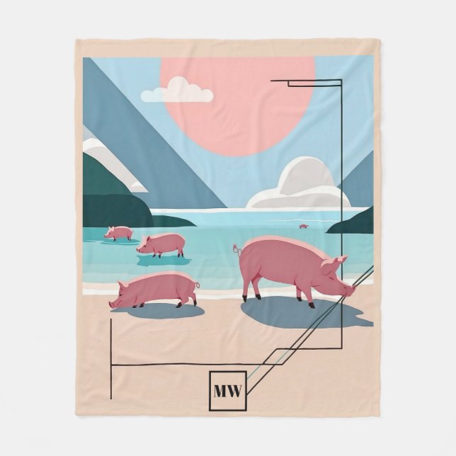 Chic boho vector pigs at the beach monogram fleece blanket (Front)