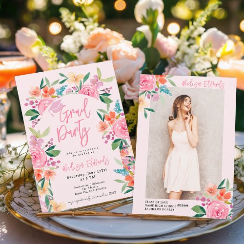 Chic Boho Watercolor Floral Photo Graduation Party