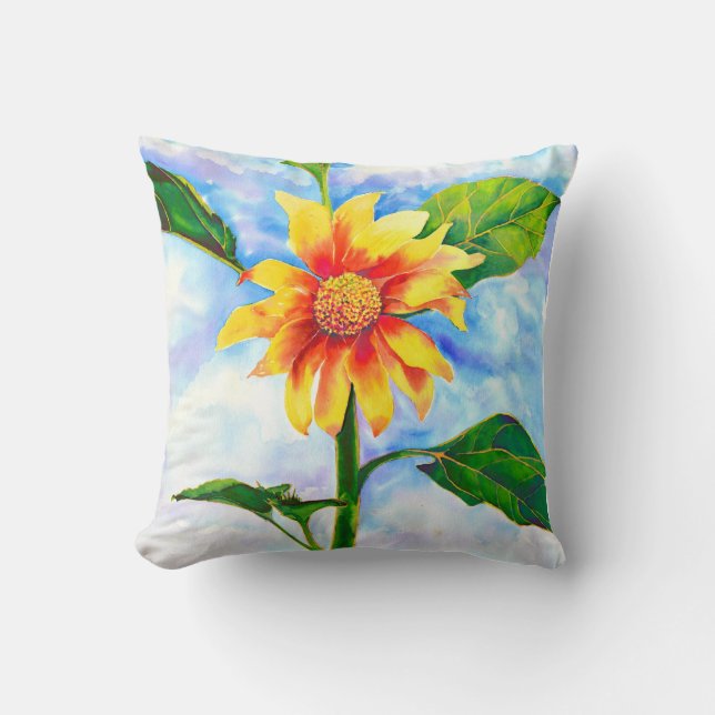Chic boho watercolor sunflower painting throw pillow (Front)