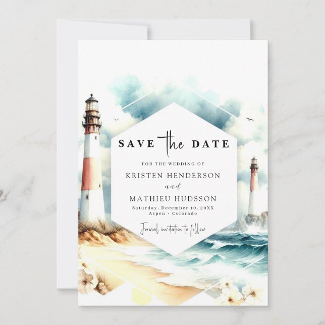 Chic Boho Waves Lighthouse Wedding Save The Date (Front)
