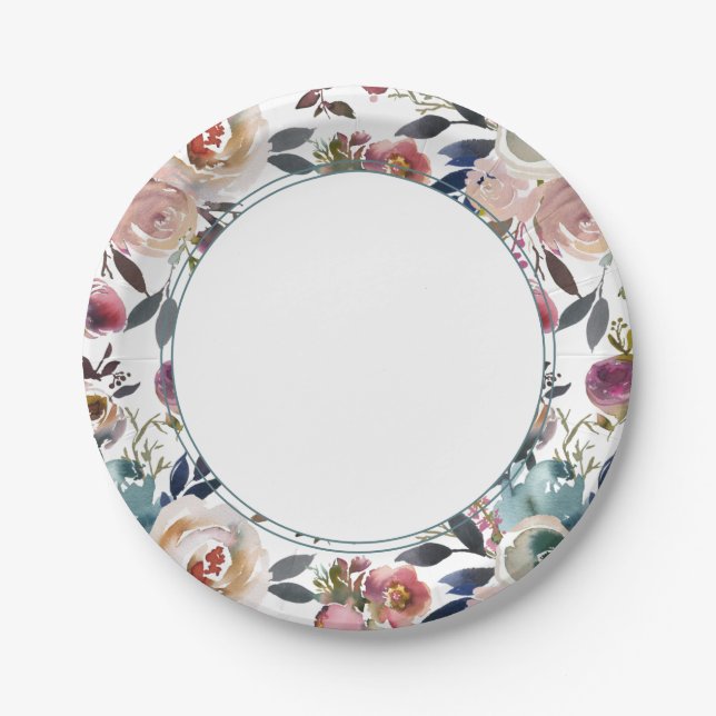 Chic Boho Wedding Blush Pink Blue Paper Plates (Front)
