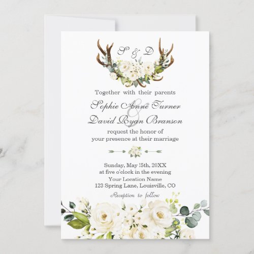 Chic Boho White Cream Flowers Antlers Wedding Invitation