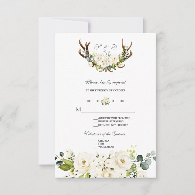 Chic Boho White Cream Flowers Antlers Wedding  RSVP Card (Front)
