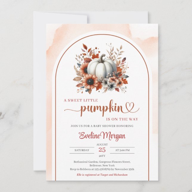 Chic boho white pumpkin terracotta rusty sunflower invitation (Front)
