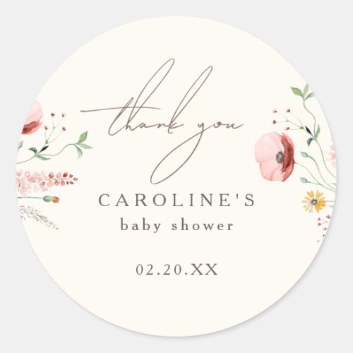Chic Boho Wildflower Baby Shower Thank You Classic Round Sticker
