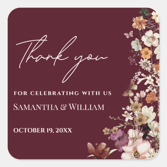 Chic Boho Wildflower Rustic Burgundy Wedding Square Sticker (Front)