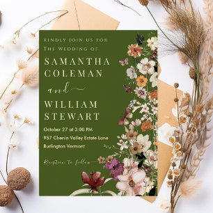 Chic Boho Wildflower Rustic Moss Green Wedding Foil Invitation