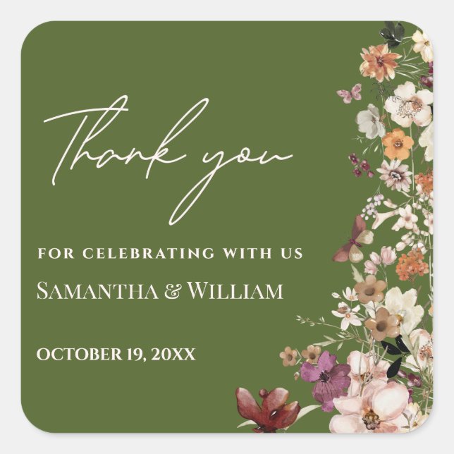 Chic Boho Wildflower Rustic Moss Green Wedding Square Sticker (Front)