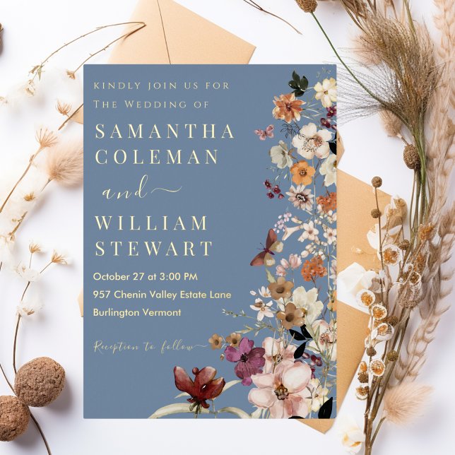 Chic Boho Wildflower Rustic Periwinkle Wedding Foil Invitation (Creator Uploaded)