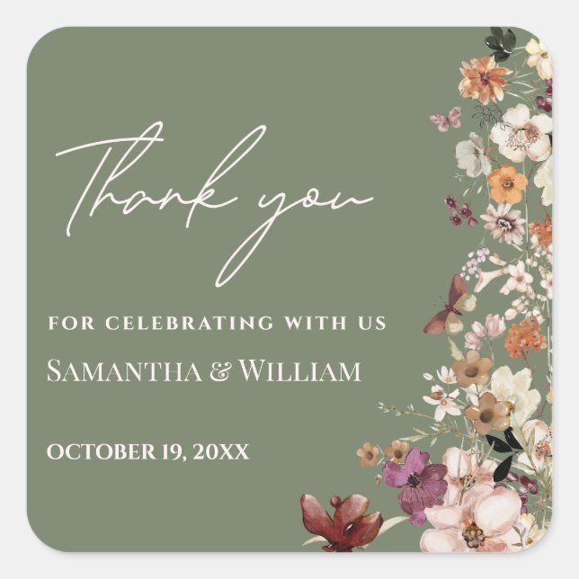Chic Boho Wildflower Rustic Sage Green Wedding Square Sticker (Front)