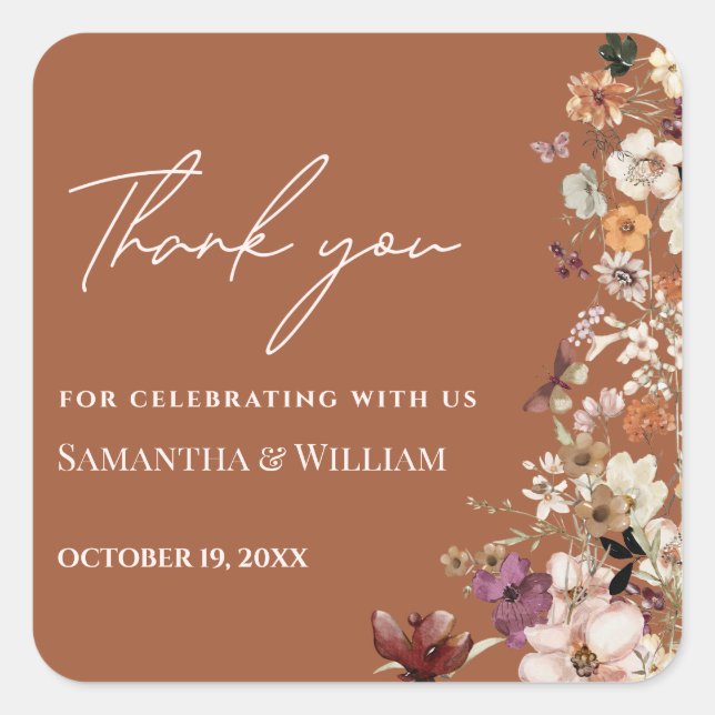 Chic Boho Wildflower Rustic Terracotta Wedding Square Sticker (Front)