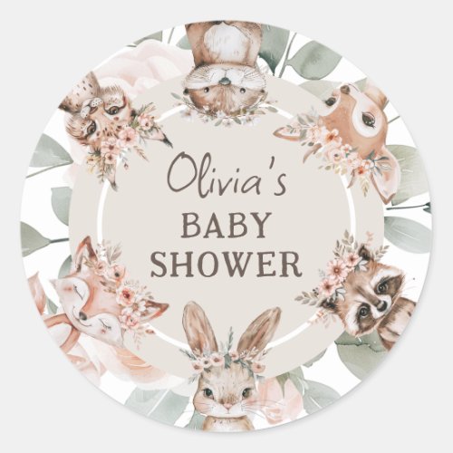 Chic Boho Woodland Animals Baby Shower Classic Round Sticker