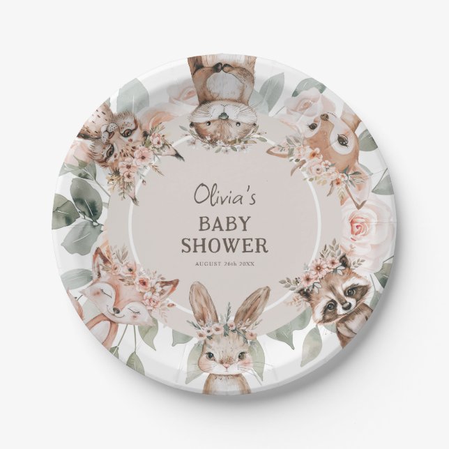 Chic Boho Woodland Animals Baby Shower Paper Plates (Front)