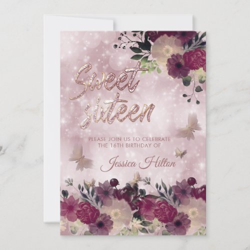 Chic bokeh Butterfly floral garden sweet sixteen Invitation