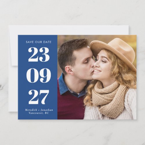 Chic Bold Couple Photo Blue White Save The Date