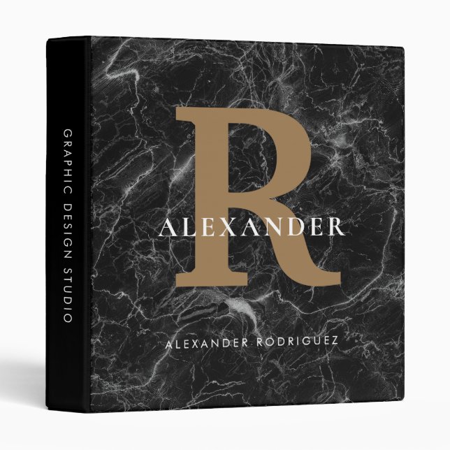 Chic Bold Monogram Black Gold Marble Office School 3 Ring Binder (Front/Spine)