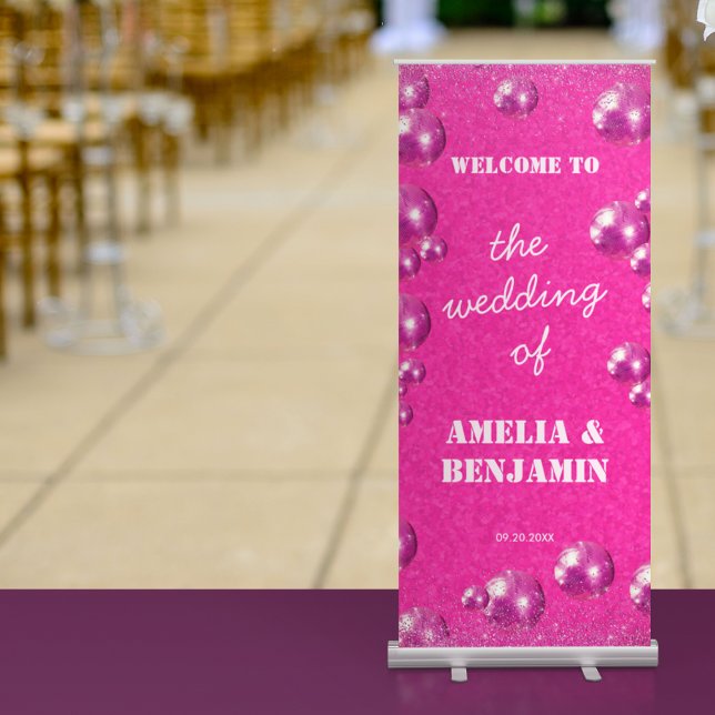 Chic Bold Pink Glitter Disco Balls Wedding Welcome Retractable Banner (Front)
