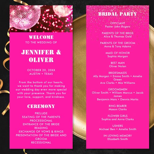 Chic Bold Pink Glitter Retro Disco Balls Wedding Program