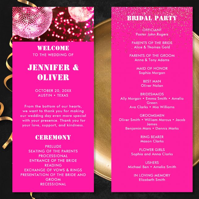 Chic Bold Pink Glitter Retro Disco Balls Wedding Program (Front and Back)