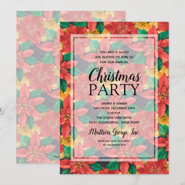 Chic Bold Poinsettias Christmas Party Invitations (Front/Back)