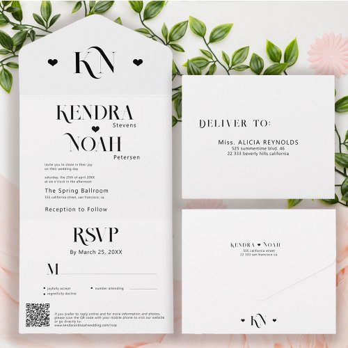 Chic bold typography RSVP QR code details wedding All In One Invitation