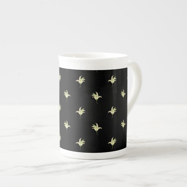 Chic Bone China Mug: Lilies of the Valley, Black Bone China Mug (Front Right)