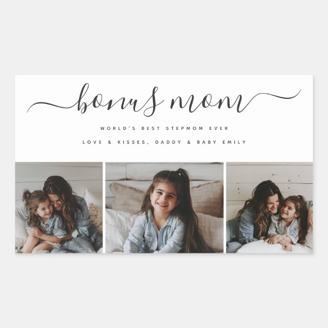 Chic Bonus Mom Photo White Rectangular Mothers Day Sticker (Front)
