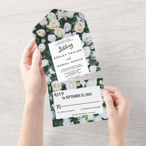 Chic botanical blossoms white roses floral Wedding All In One Invitation