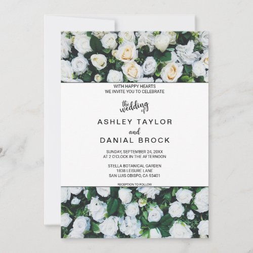 Chic botanical blossoms white roses floral Wedding Invitation