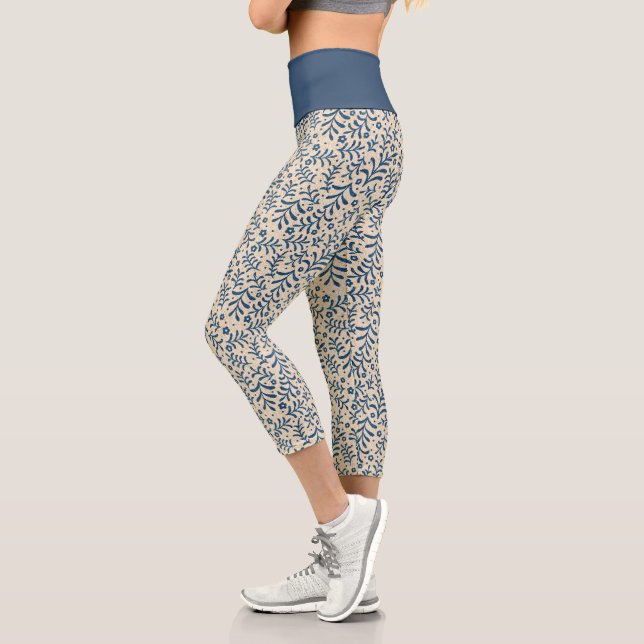 Chic Botanical Blue and Cream Pattern Capri Leggings (Left)