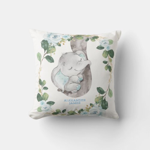 Chic Botanical Blue Floral Elephant Boy Nursery Throw Pillow