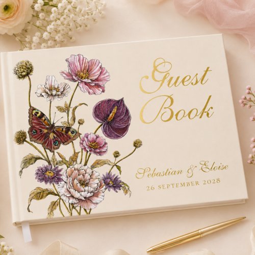 Chic Botanical Butterfly Floral Wedding Keepsake Foil Guest Book