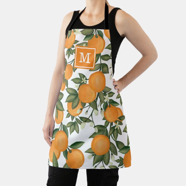 Chic Botanical Citrus Orange Clementine Monogram Apron (Insitu)