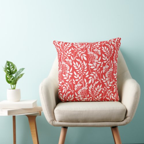 Chic Botanical Coral Red Foliage Pattern Throw Pillow