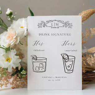 Chic Botanical crest Signature Drink wedding Sign
